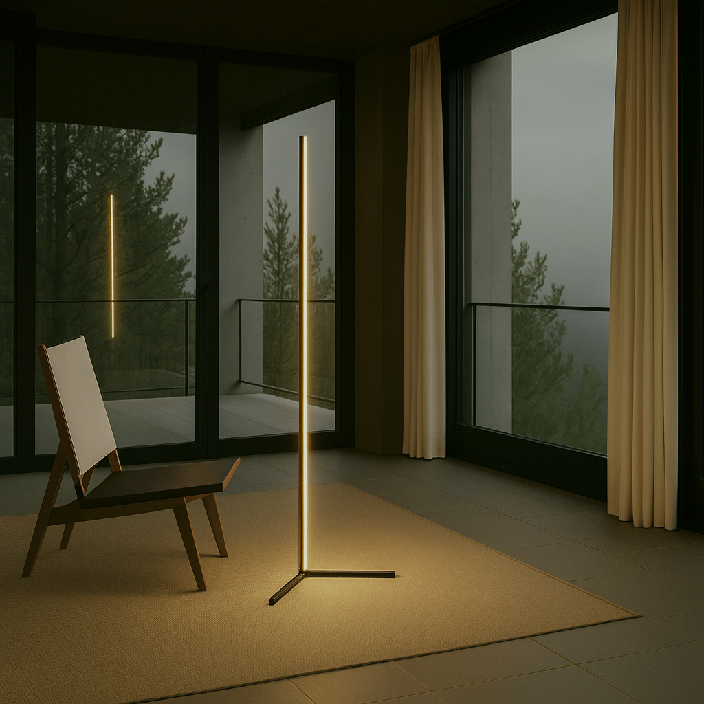 Modern home interior featuring a KYOTO smart floor lamp beside a stylish chair and large windows.