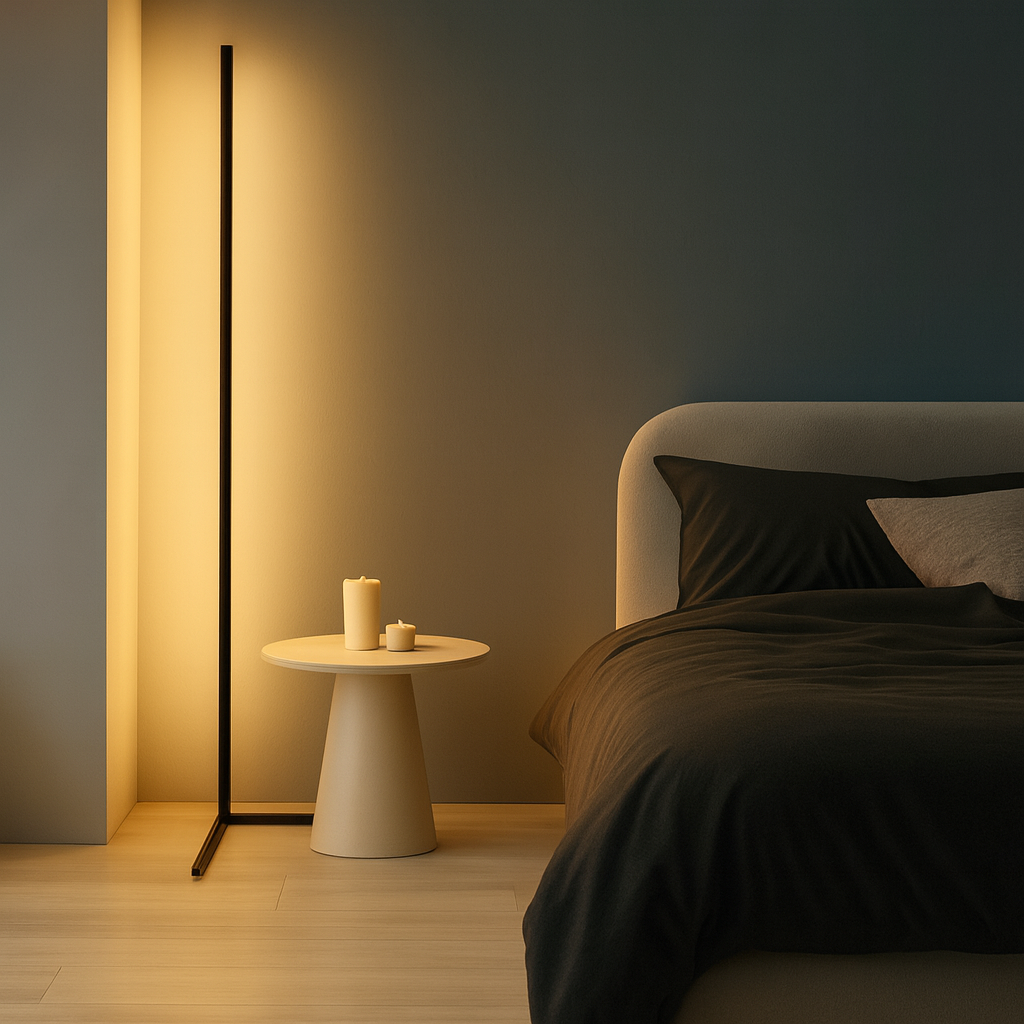 KYOTO smart floor lamp illuminating a modern bedroom with a cozy bed and stylish side table.